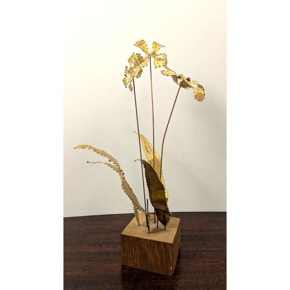 Other - Vintage MCM Brutalist Brass Metal Floral Sculpture Wood Base Handmade Abstract